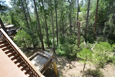 an overhead view of a wooden deck in the woods at SunRidge at Willow Cove Free Night Special in Bass Lake