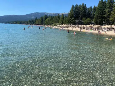 a group of people in the water at a beach at First level studio suite close to everything bike, ski, swim Zephyr Cove! in Zephyr Cove