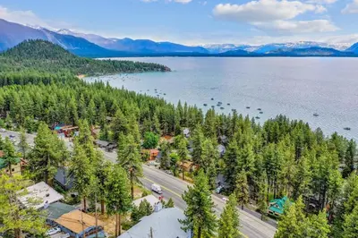 an aerial view of a town next to a lake at First level studio suite close to everything bike, ski, swim Zephyr Cove! in Zephyr Cove