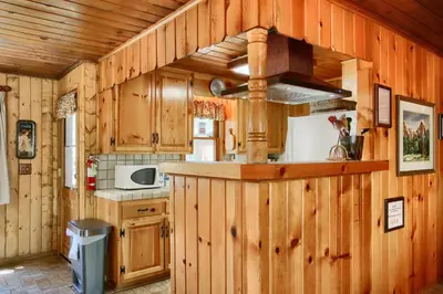 a kitchen with wooden walls and a counter in a cabin at Shangri la-de-da at The Redwoods in Wawona