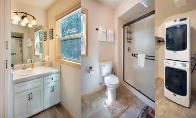 two pictures of a bathroom with a toilet and a sink at Margaret's at The Redwoods in Wawona