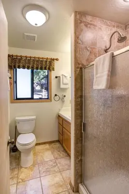 a bathroom with a toilet and a sink and a shower at Cabin Twelve in Wawona