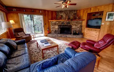 a living room with a couch and a fireplace at Longview at The Redwoods in Wawona