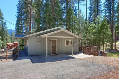 a small shed with a door in a forest at New Beginnings at The Redwoods Cabin in Wawona