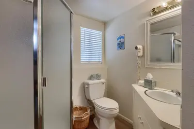 a bathroom with a toilet and a sink and a mirror at Hiltbrand Hangout in Wawona