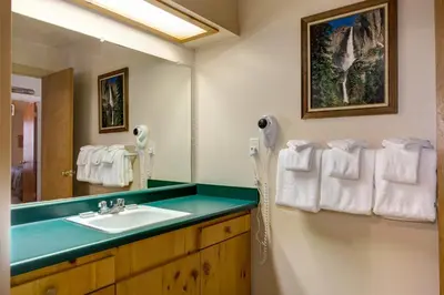 a bathroom with a sink and a mirror at Wawona Retreat in Wawona