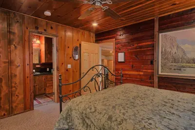 a bedroom with a bed in a room with wooden walls at The Tree House in Wawona