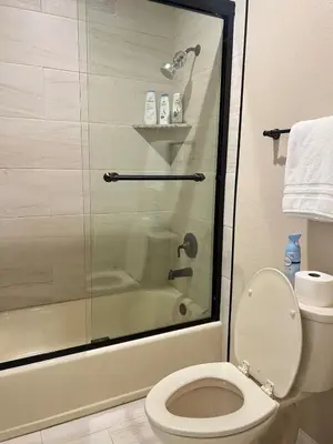 a bathroom with a toilet and a glass shower at 30Min To SouthTahoe 3BD Parking in Carson City
