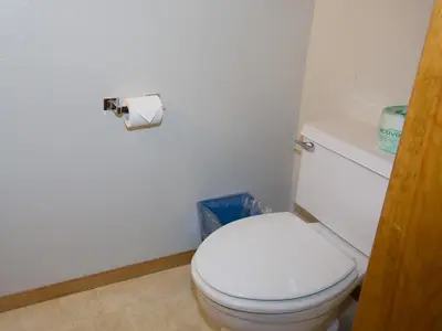 a bathroom with a toilet and a roll of toilet paper at Cecil's Cabin in Wawona