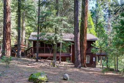 a log cabin in the middle of a forest at Cecil's Cabin in Wawona