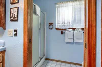 a bathroom with a shower and a window at Quail Meadow in Wawona