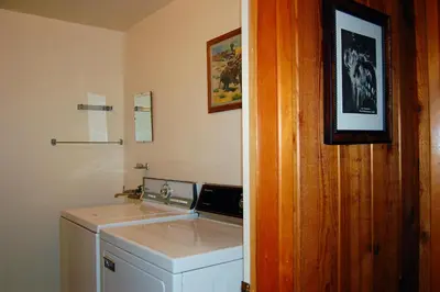 a bathroom with a sink and a washing machine at Dunning's Retreat in Wawona