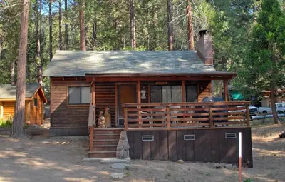 a cabin in the woods with a cat sitting on the porch at Cubby's Den in Wawona