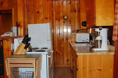 a kitchen with wooden walls and a white refrigerator at Cubby's Den in Wawona