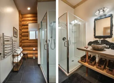 two images of a bathroom with a shower and a sink at The Mini Cabin in Wawona