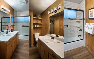 two images of a bathroom with two sinks and a shower at Pine Creek Cabin in Wawona