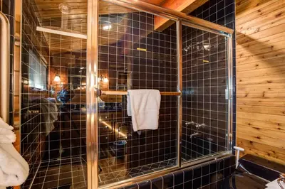 a bathroom with a shower with black tile at Cedar Chalet in Wawona