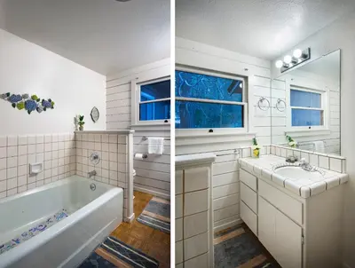 two pictures of a bathroom with a tub and a sink at The Last Resort in Wawona