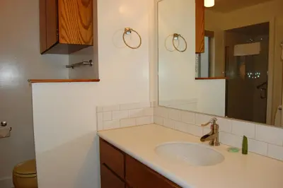 a bathroom with a sink and a mirror at Mountain Retreat in Wawona
