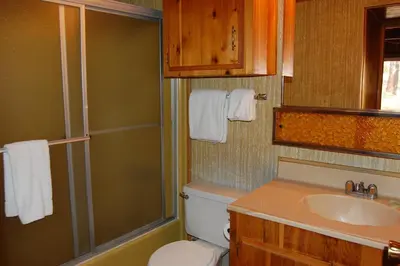 a bathroom with a toilet and a sink and a shower at Manzanita Lodge in Wawona