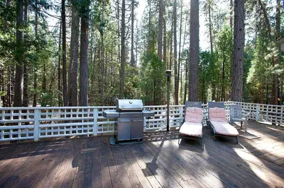 a grill and two chairs on a deck with trees at The Tree House II in Wawona