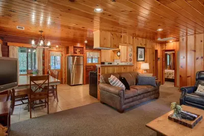 a living room with a couch and a kitchen at The Williams Cabin in Wawona