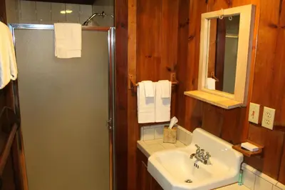 a bathroom with a shower and a sink and a mirror at Squirrel's Nest in Wawona