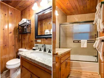 two pictures of a bathroom with a toilet and a sink at Our Yosemite Getaway in Wawona