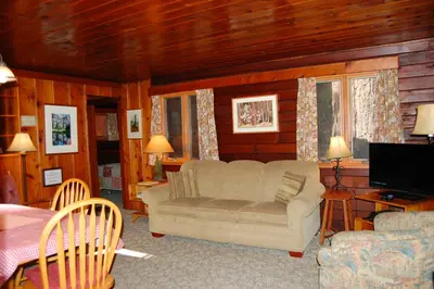 a living room with a couch and a television at Nugent's Nest in Wawona