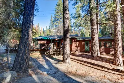a log cabin in the woods with trees at Ashbaugh Meadow in Wawona