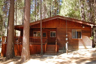a log cabin in the middle of trees at Shehadey's Retreat in Wawona