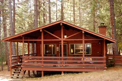 a wooden cabin in the woods with trees at Hasting's Hideaway in Wawona