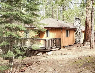 a log cabin in the middle of the woods at Burke's Place in Wawona