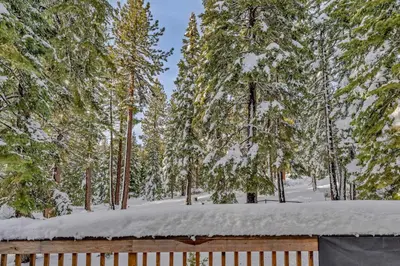 a snow covered fence in a forest with trees at Handcrafted Tahoe Retreat Walk to Beach & Ski in Tahoe City