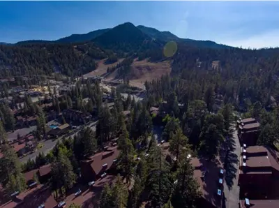 an aerial view of a town with trees and a mountain at Walk to Canyon Lodge Ski back Modern Space in Mammoth Lakes