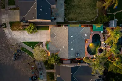 an overhead view of a building with a parking lot at Casita Andrade in Turlock