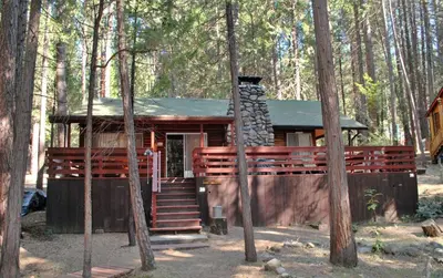 a cabin in the middle of the woods at Cozy 2Br Retreat with Scenic Deck & Outdoor Dining in Wawona