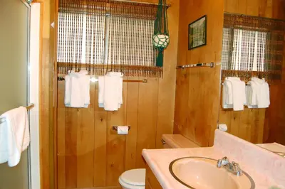 a bathroom with a sink and a shower with towels at Cozy 2Br Retreat with Scenic Deck & Outdoor Dining in Wawona