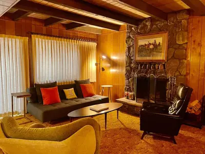 a living room with a couch and a fireplace at Groovy Cabin in the Woods in Pollock Pines