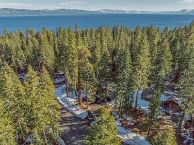 an aerial view of a forest of trees next to the water at Cozy Carnelian Bay Escape with Deck and Foosball in Carnelian Bay