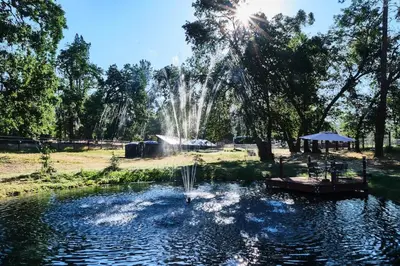 a fountain in the middle of a pond in a park at Luxurious Yosemite Pines Lodge, Pool, Spa, Ponies, Views in Mariposa