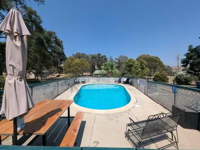 a swimming pool with a bench and an umbrella at Squaw Valley Motel Room 8 in Squaw Valley