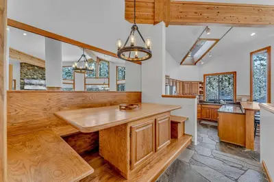 a kitchen with wooden counters and a counter top at Luxury Truckee Retreat with Hot Tub and Sauna in Truckee