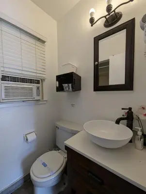 a bathroom with a toilet and a sink and a mirror at Squaw Valley Motel Room 2 in Squaw Valley