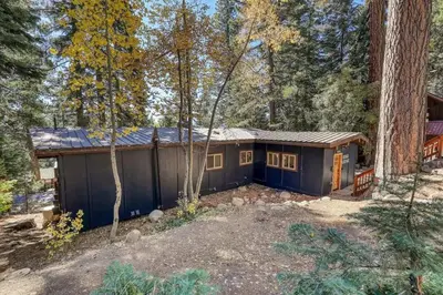 a blue cabin in the woods with trees at Updated Cabin near Beach&Ski HotTub Sauna Pets EV in Tahoe City