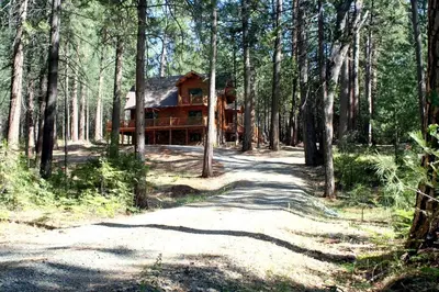 a log cabin in the middle of a forest at Family-Friendly Log Cabin Rental in California's Gold Country near Sacramento in Volcano