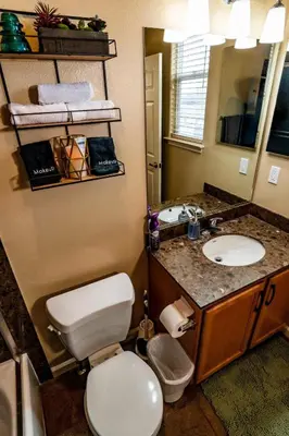 a bathroom with a toilet and a sink and a mirror at Eat-Sleep-Stroll-Repeat! Walkable Midtown 2BR Home in Reno