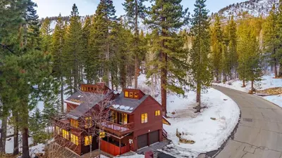an overhead view of a house in the woods at Views Mins to Skiing Lake Incline Village Incline Serenity by AvantStay in Incline Village