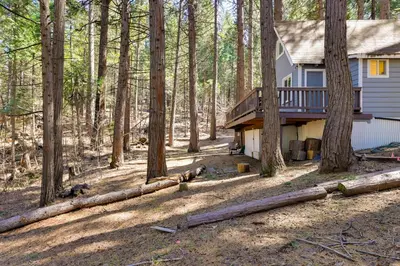 a house with a deck in the woods at Hike, Ski and Sip Arnold Cabin 4 Mi to State Park! in Arnold