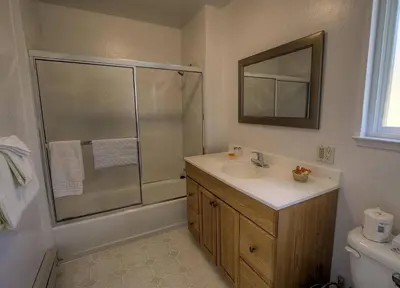 a bathroom with a shower and a sink and a mirror at HCH1475 - Heavenly Lake View Retreat home in South Lake Tahoe